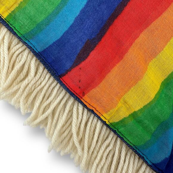 Vintage 70s Three Squares Fringe Button Rainbow Lined Denim Jean Poncho - Picture 7 of 8